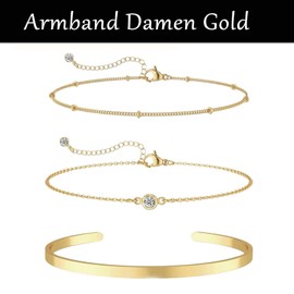 JeiibrZui Pack of 3 Bracelets, Bracelets, 14K Gold-Plated, Stainless Steel Beads Chains, Bracelets, Adjustable Women's Gold Bracelets Sets, Boho Gold, Fashion Jewellery for Women, Stainless Steel, No