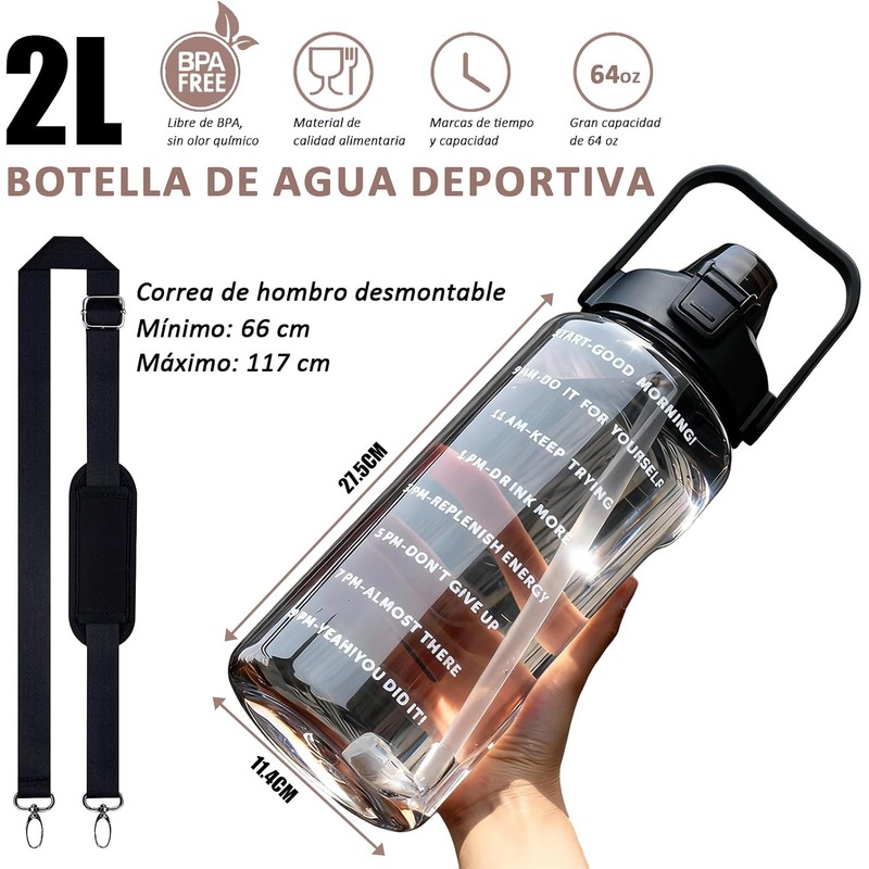 Botella de Agua Deportiva 2L para Gimnasio con Funda y