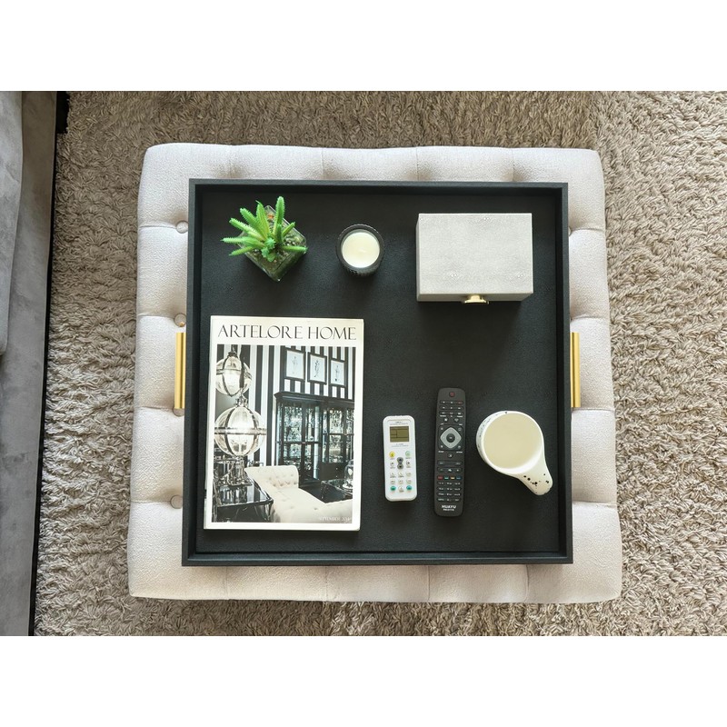 HofferRuffer Extra Large Square Serving Tray, Elegant Faux Leather Ottoman
