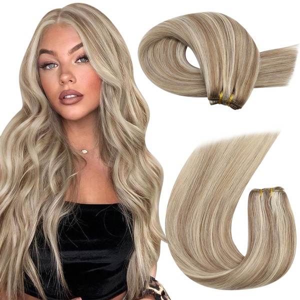 Moresoo Hair Wefts, Real Hair Wefts for Sewing In, 60 cm, Blonde Invisible Hair Extensions, Medium Golden Brown with Platinum Blonde Weft Extensions, Real Hair 100 g / Pack No. P9A/60