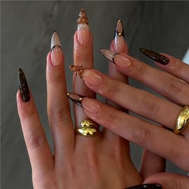 Press on Nails Almond Medium French Tip Fake Nails Brown False Nails with Floral Glitter Water Drop Designs Fall Stick on Nail Autumn Glossy Glue on Nail for Women Girls 24Pcs