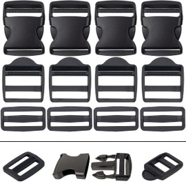 Set of 12 Push-Buckle, Bridge Buckle and Ladder Buckle, for 32 mm Wide Webbing Straps, 4 x 32 mm Buckles with Double-Sided Click Closure, Bridge Clamp Buckle and Ladder Clamp Buckle, Black
