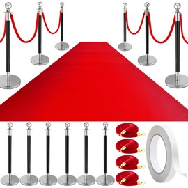 Pelopy Stanchion Posts Queue Crowd Control Stanchion Velvet Ropes Carpet Set, 38 in Stanchion Post Sand Injection Hollow Base with Rope, Carpet for Party Museum (12 Pcs,Black, Silver,26 ft Carpet)