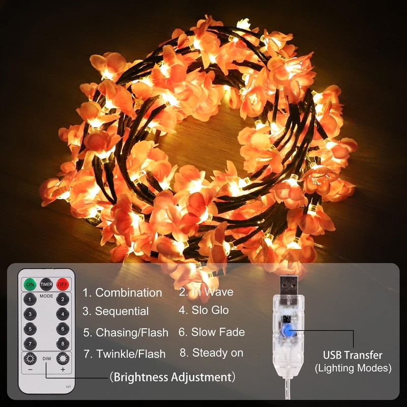 AOLTNRC Cherry Blossom Branches Lights, 48 LED 5.25 FT USB-Powered