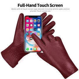 Women's Winter Leather Gloves Nappa Lambskin Touch Screen Gloves Warm Cashmere Lined,Burgundy,L