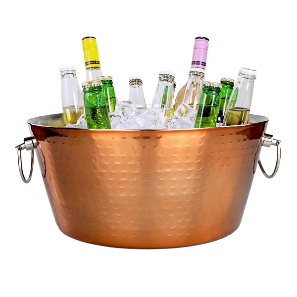 BREKX Rose Copper Hammered Stainless-Steel Beverage Tub, Double-Walled Insulated Anchored Drink Tub & Ice Bucket with Double Hinged Handles, Drink Chiller for Parties, 12 Quarts