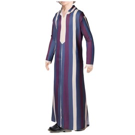 WSPLYSPJY Boys Muslim Thobe Striped Maxi Kaftans Kids Hooded Long Sleeve Arab Gown Islamic Robe Multicolor for 9-10 Years