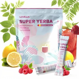 LOVEach SUPER YERBA Raspberry Lemonade Powder – 30 Servings, 2g Packets with Ashwagandha, Vitamin D3, Magnesium, Natural Caffeine, Brain & Gut Support