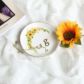 COLLECTIVE HOME - Ceramic Jewelry Tray, Trinket Dish for Rings Earrings Necklaces Bracelet Watch Keys, Birthday Mother's Day Christmas Gift for Women, 4.75", White Surface wirh Sunflowers (g)