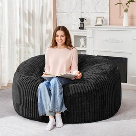 HABUTWAY 5FT Bean Bag Chair, 5' Large Bean Bag Chairs for Adults with Removable Stripe Plush Cover, Memory Foam Beanbag Chair for Living Room Bedroom Dorm (Black)