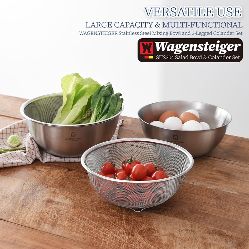 WAGENSTEIGER Stainless Steel Mixing Bowl and 3-Legged Colander Set, Multipurpose