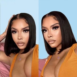 VIYAVIYA 14 Inch Straight Bob Wigs Human Hair Lace Closure Wigs 4x4 Brazilian Human Hair Lace Front Wigs with Baby Hair Natural Color Shoulder Length Bob Wig 150 Density