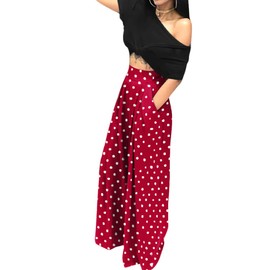 HRESSLBD Polka Dot Pants, Women's High Waist Casual Wide Leg Long Palazzo Pants Trousers, Wide Leg Pants for Women Dressy Palazzo, Wide Leg Pants for Women Dressy High Waisted (Polka Dot-Red, L)
