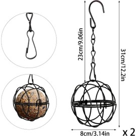 Fat Ball Bird Feeder, Fat Ball Feeder Hanging, Fat Ball Holder 2 PCS Metal Fat Ball Bird Holder with 2 S-Shaped Hooks, Suitable for Outdoor Garden Wildlife Small Birds Sparrows Robins (Black 7cm)