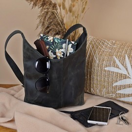 LECONI Medium Shoulder Bag Women's Shoulder Bag Practical Leather Bag for Women Bag Shopper Made of Genuine Leather 30 x 30 x 9 cm LE0073, Grey - Waxy