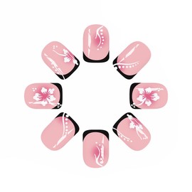 MERVF Press on Nails Short Square Fake Nails Black French Tip Glue ons Pink Aura Design Acrylic Nail Flower Art Manicure Supplies 24pcs Glossy
