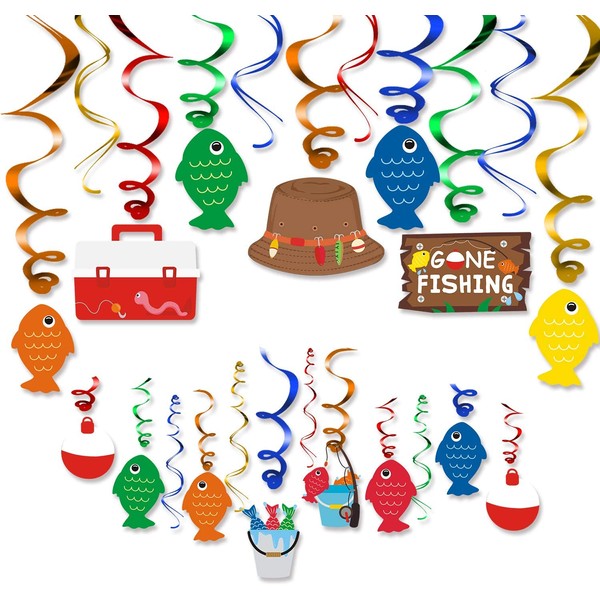 30CT Gone Fishing Party Hanging Swirl Decorations Kit Little Fisherman The Big One Birthday Baby Shower Photo Props Summer Reel Fun Ideas Ceiling Door Foil Whirls Streamers Supplies