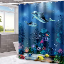 Figarge Shower Curtain Boho Blue Ocean Shower Curtains Modern Shower Curtains Bath Curtain Waterproof Polyester Fabric Washable Bath Curtain with 12 Hooks (Dark Blue, 180 L x 180 W cm)