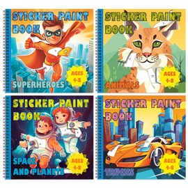 BulbaCraft 4Pcs Sticker Paint Books for Ki ds — Sticker by Number Books for Ki ds, Paint with Stickers Books, Sticker Coloring Book for Ki ds, Sticker Activity Books