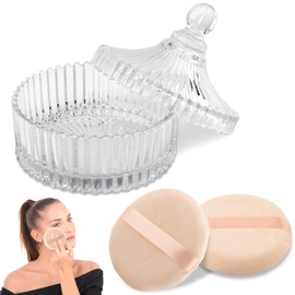 2Pcs Extra Large Body Powder Puff & Luxury 5.9" Glass Jar Dusting Powder Container with Puff Perfect for Women's Loose Dusting Powder, Talcum(COLOR:Beige)