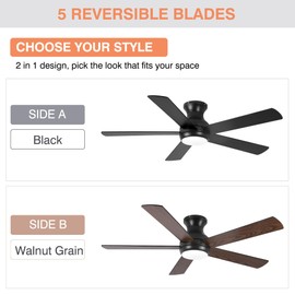 HUMHOLD 52" Flush Mount Ceiling Fans with Lights and Remote Control, Brushed Nickel, 6 Speeds Reversible DC Motor, 5 Blades Low Profile Ceiling Fans LED Light for Bedroom/Living Room (Black)