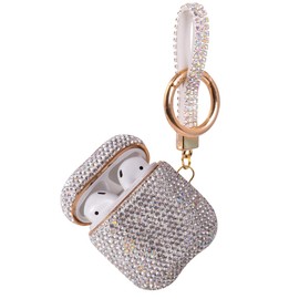 Sparkly Diamond Case for AirPods with Keychain, Shockproof Protective Premium Bling Rhinestone Cover Skin Compatible with AirPods Charging Case 2 & 1(White AB+Gold Plated)