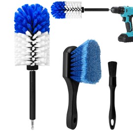 Wheel Brush Kit,Soft Drill Wheel Cleaner Brush, No Scratches Highly Dense Car Cleaning Brush Set for Wheels, Tire, Rims, Engines, Exhaust(Blue + White 3 Pk)