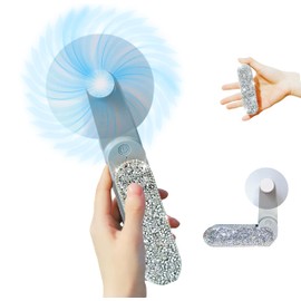 Mini Portable Bride Fan with Rhinestone Decor Bling Foldable Battery Operated Little Handheld Fan for Desk, Camping, Travel, & Outdoor Events for Bride（White)