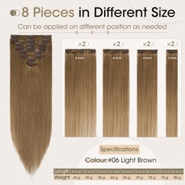 Elailite Clip-In Real Hair Extensions (8-Piece Set, Real Hair Clip) - #06 Light Brown - 35 cm