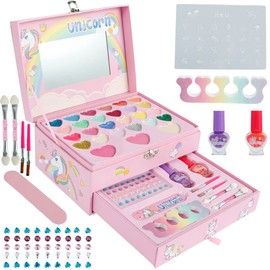 37Pcs Kids Makeup Toy Kit Real Washable Makeup Beauty Set for Girls with Portable Cosmetic Bag Princess Pretend Play Makeup Toy Set Birthday Christmas Gifts for Girls Over 5 Years Old(Pink)