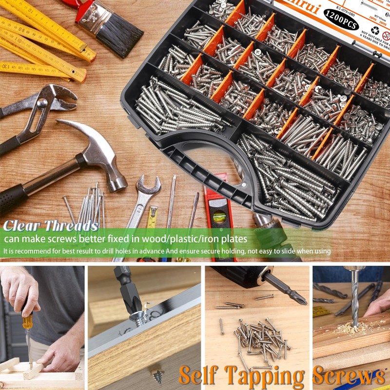 Dianrui 1200 PCS Wood Screws Assortment Kit, Assorted Stainless Steel