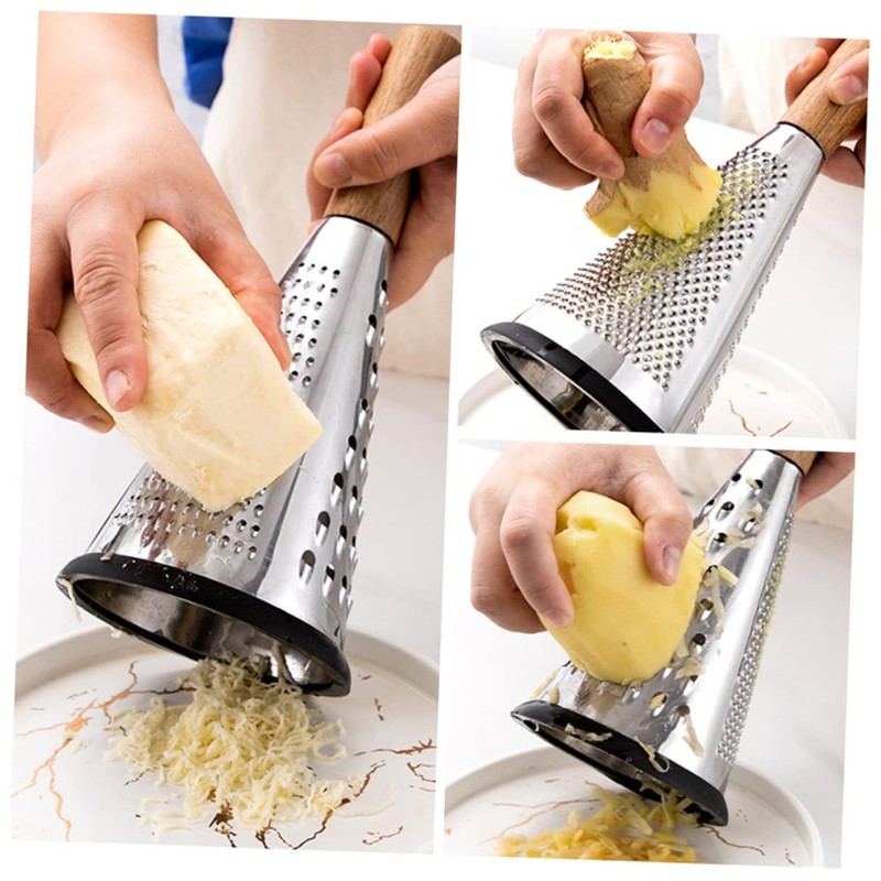 Ciieeo Stainless Steel Cheese Grater with Wooden Handle - Three-Sided