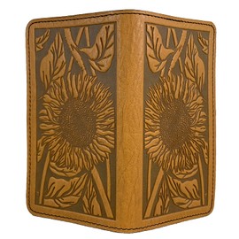 Oberon Design Sunflower Embossed Genuine Leather Checkbook Cover, 3.5x6.5 Inches, Marigold, Made in the USA