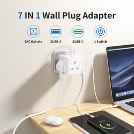 Plug Extension Socket with 4 USB, 3 Way (13A/3250W) Multi Plug Adapter UK, USB Wall Plug Charger, 3 Pin Plug Expander for Home, Office,Travel