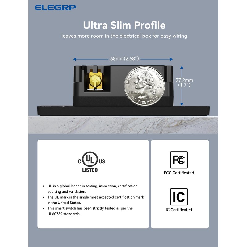 ELEGRP Smart in-Wall Outlet, 2.4GHz Wi-Fi Smart Receptacle Compatible with