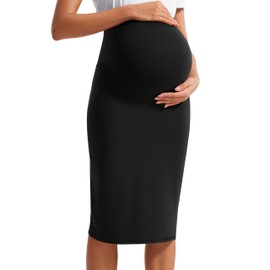 CRZ YOGA Women's Butterluxe Maternity High Waist Casual Golf Work Midi Skirts Over The Belly Pregnancy Split Stretchy Black Small