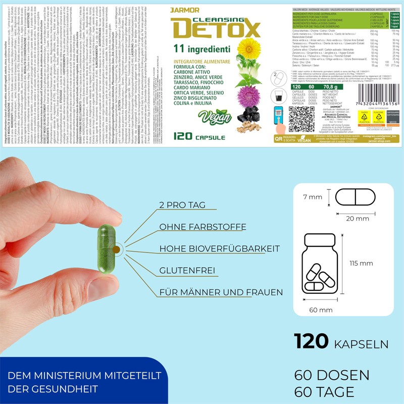 J.ARMOR Detox 10 Ingredients with Silymarin, Vegan, 120 Capsules