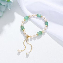 VIKCAUX Healing Crystal Bracelet for Women Adjustable Green Aventurine Pearl Bracelet Gold Lucky Feng Shui Jade Bracelet Jewelry Gift for Daughter Girlfriend