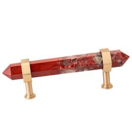 TUMBEELLUWA Double Crystal Points Cabinet Knob with Screws, Stone Wand Brushed Brass Handle Pull for Cupboard Dresser Kitchen Office Decor, Red Jasper