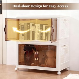 4 Pack Large Collapsible Storage Bins With Lids & Wheels, 11.5 Gal Plastic Folding Storage Box, Stackable Storage Bins with Doors for for Home Office