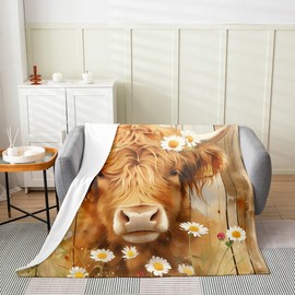 jejeloiu Highland Cow Fuzzy Blanket Flower Highland Cattle Flannel Fleece Throw Blanket Boys Girls Botanical Floral All Season Bed Blanket Throw 50"x60" Plush Blanket