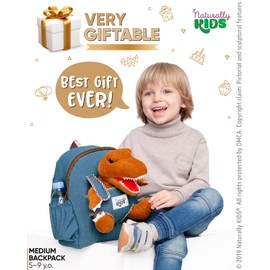 Naturally KIDS Medium Dinosaur Backpack - Dinosaur Toys for Kids 5-7 - Kids Backpack for Boys Girls w Stuffed Animal - Gifts for 6 Year Old Boy - w Pockets & Reflective Logo - Backpack w Brown T Rex