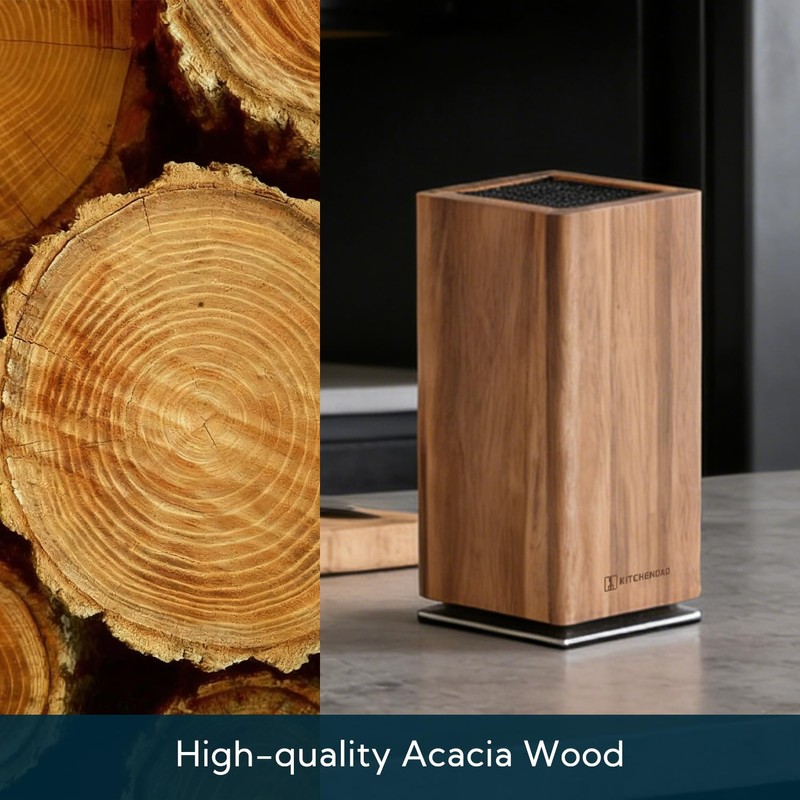 KITCHENDAO Magnetic Knife Block without Knives, 360° Rotatable Acacia Wood