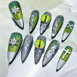 Press on Nails Handmade Luxury Long Style Almond Reusable Party Nail for Women and Girls 10pcs (Green Dragon Eyes, S)