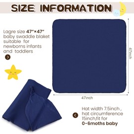 JaGely 2 Pack Baby Newborn Swaddle Blanket and Hat Set 47" x 47" Large Stretchy Receiving Blankets Set for Newborn Baby(Navy Blue, Claybank)