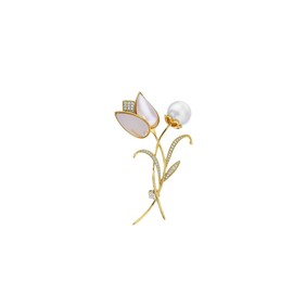 Peasimy Cute Tulip Flower Brooch Rhinestone Pearl Floral Pin for Women Spring Summer Party Jewelry (White)