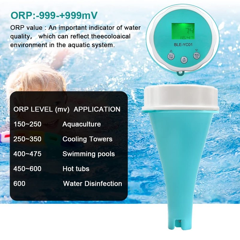 Qivine Pool Thermometer Wirelesss, 6 in 1 PH/ORP/EC/TDS/Temperature/Chlorine Meter WiFi