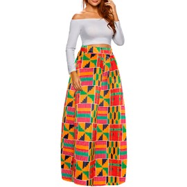 Afibi Women African Printed Maxi Skirt Flared Skirt A Line Long Skirts with Pockets S-5XL (3X-Large, Golden Green)