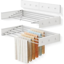 Drying Rack Clothing Upgrade,Clothes Drying Rack Wall Mounted,Laundry Drying Rack Wall Mount,Foldable,Collapsible,Retractable,5 Aluminium Poles,with Hooks,White - Color: white, Size: 28 Inch