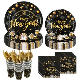 168Pcs Happy New Year Party Supplies Tableware Set, 2025 New Year Disposable Dinner Paper Plates Napkins for New Year's Eve Party Supplies